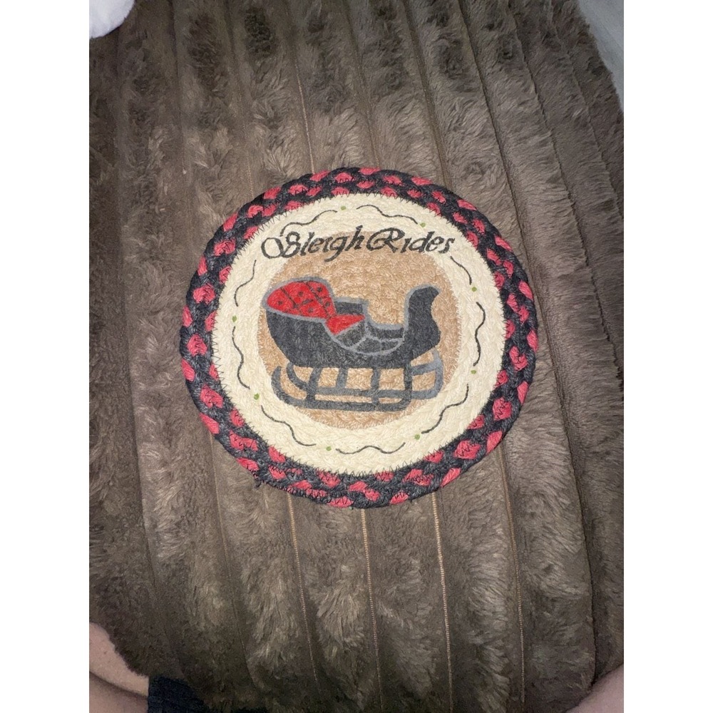 Earth Rugs Sleigh Rides Braided Jute Big Coaster 10" Round Christmas Red Black